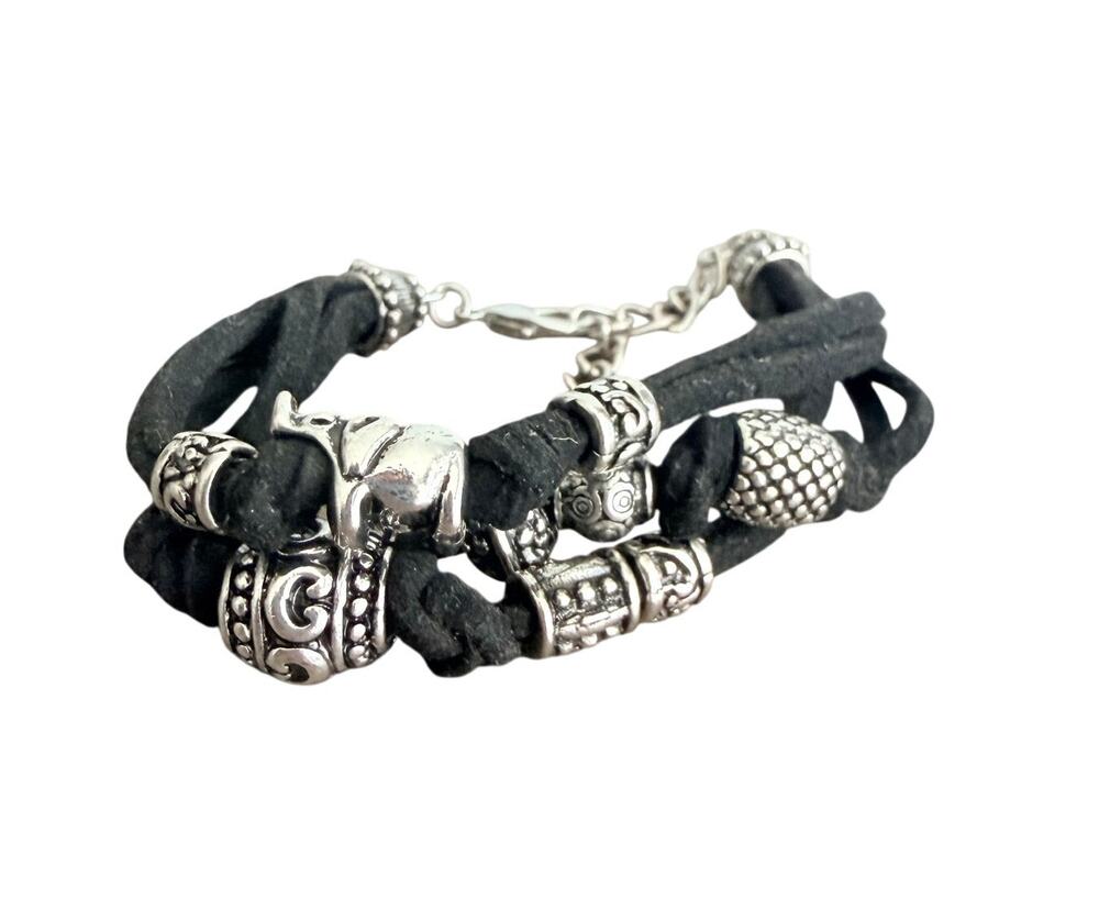 Black and silver tone boho elephant charm beaded adjustable bracelet